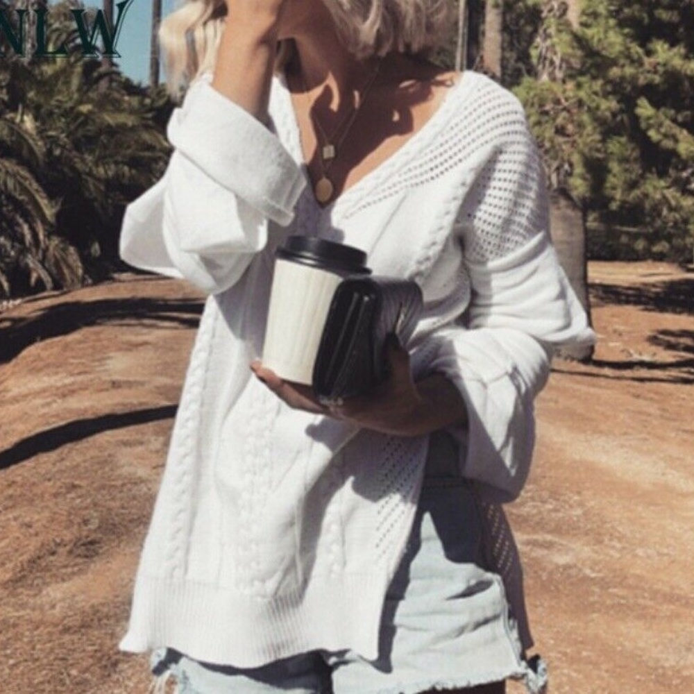 Ruffle Sleeve White Cable Knit Boutique Sweater - Picture 5 of 6